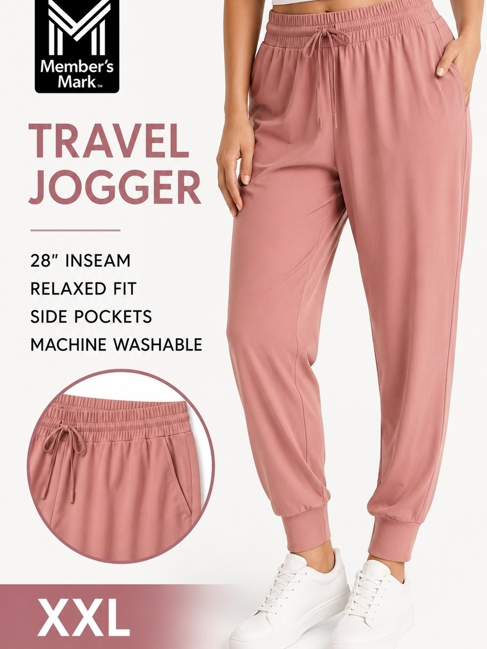 Member's Mark NWT Travel Jogger Pants XXL Pink Relaxed Fit Stretch Pockets